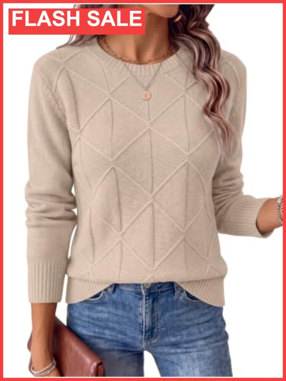 Women's Crewneck Argyle Cable Knit Long Sleeve Pullover Sweater